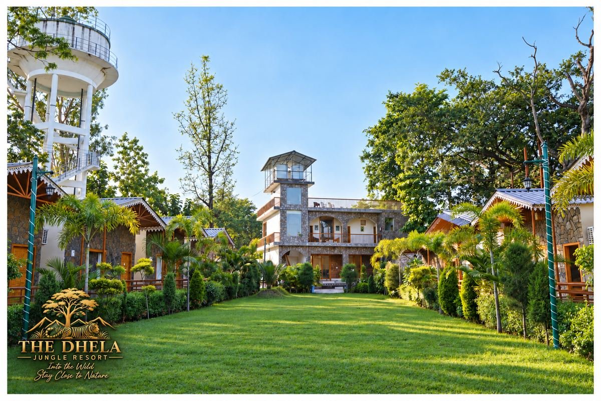 Green garden lawn between the cottages